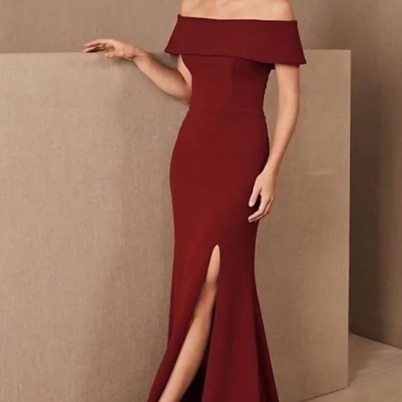 BHLDN Delice Dress - Burgundy Off the Shoulder Dress with Slit - Picture 5 of 6